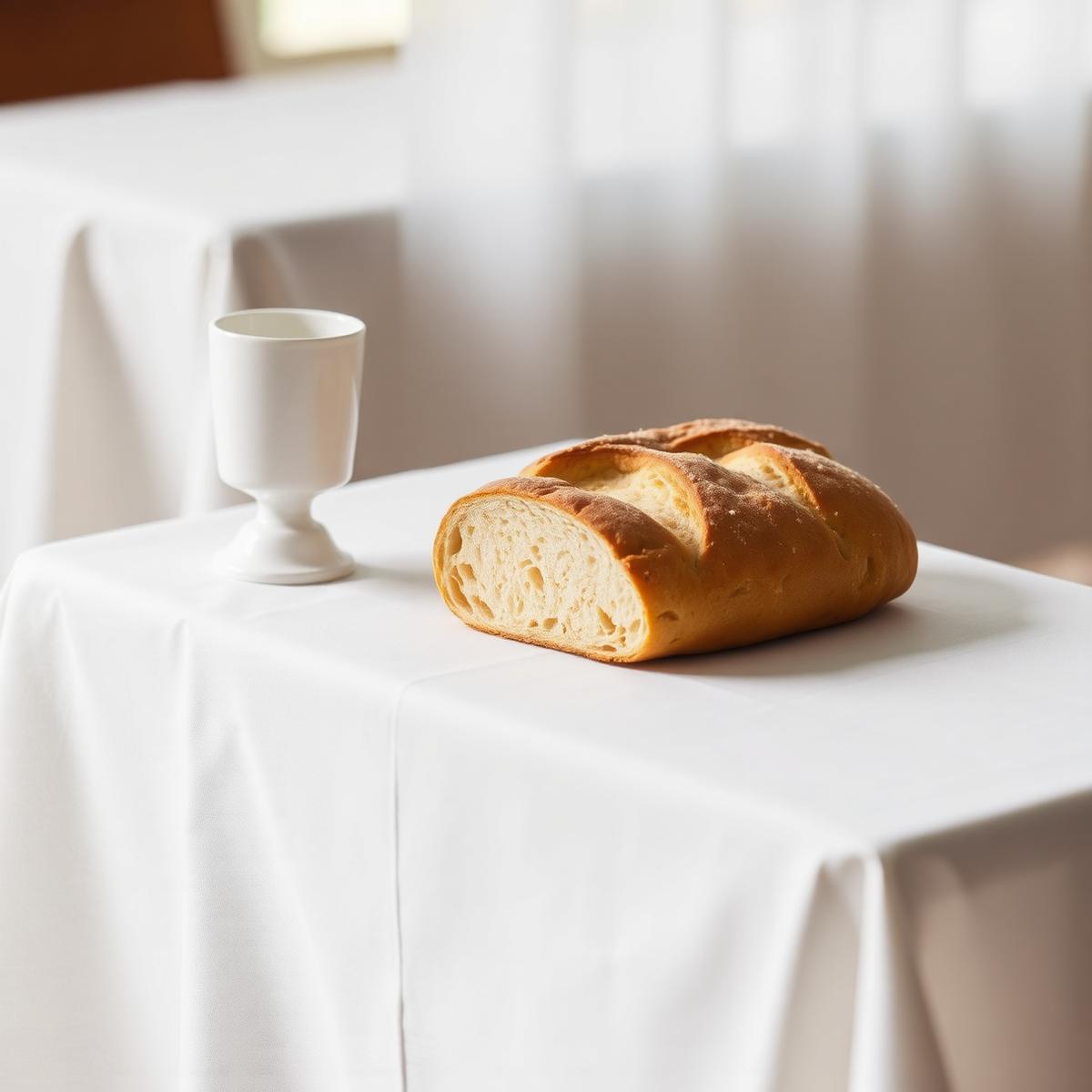 Bread and cup set on a white linen table for the Lord's Supper