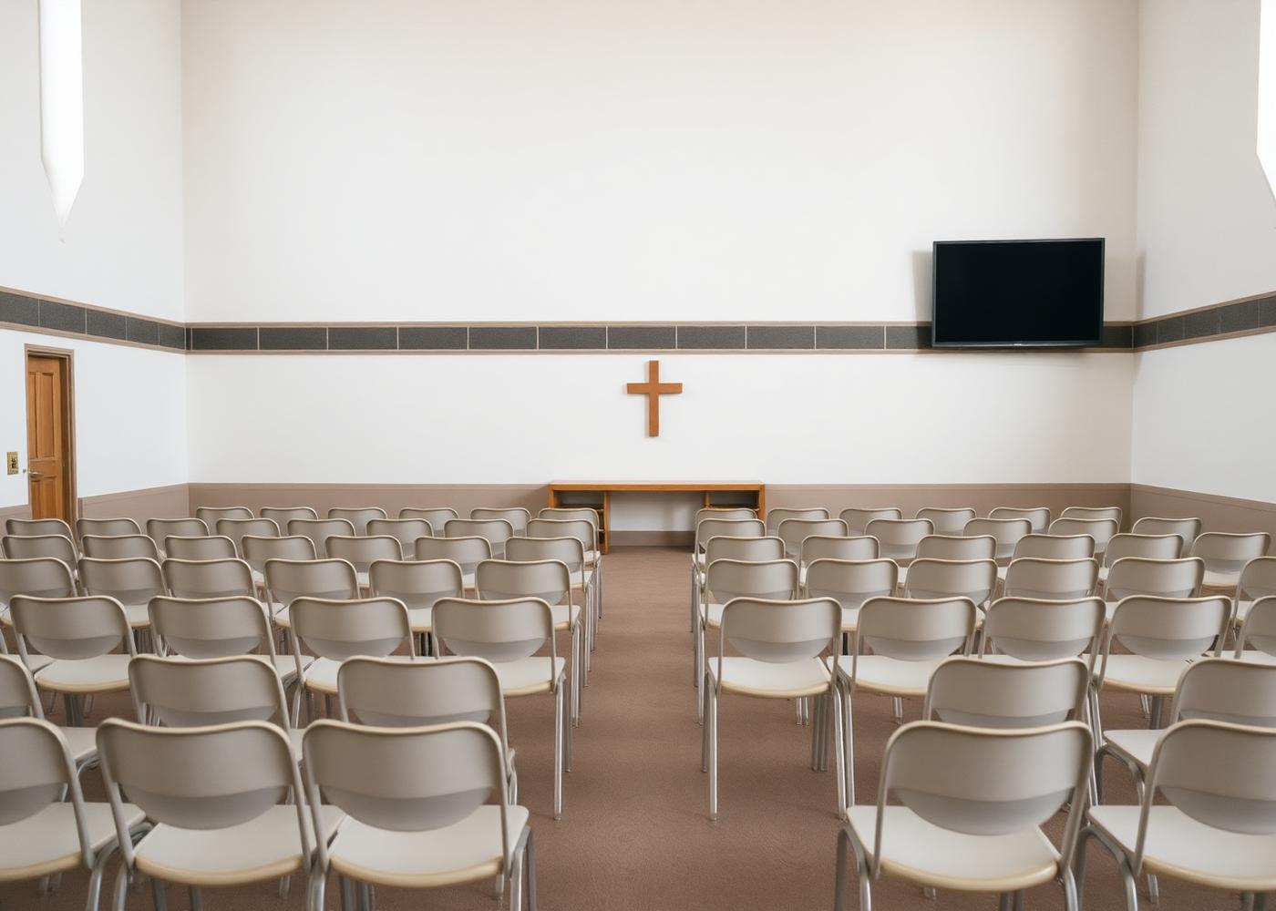 Chairs arranged in the assembly hall before a gathering