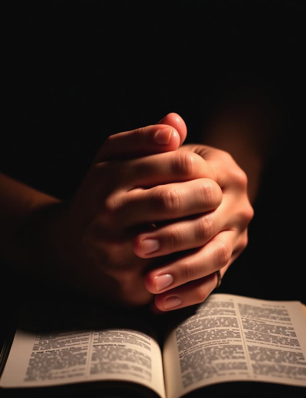 Hands folded in prayer over an open Bible